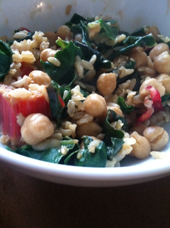 Sauteed rainbow chard, brown rice and chickpeas with red curry